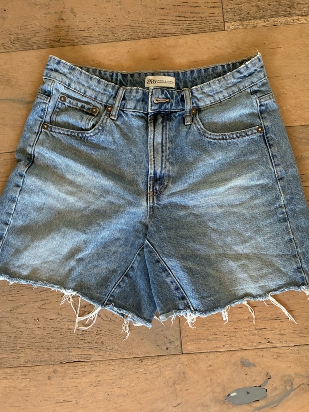 Zara Light Wash High-Rise Frayed Denim Shorts